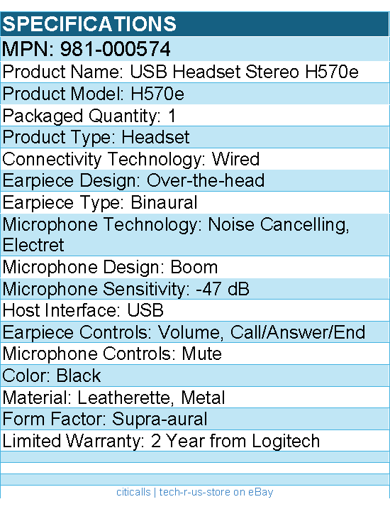 Logitech 981-000574 USB Headset Stereo H570e - Wired - Noise Cancelling