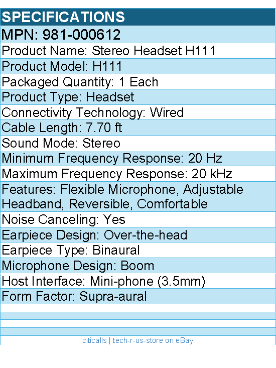 Logitech 981-000612 H111 Dual Plug Computer Stereo Headset - Noise Canceling