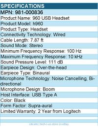 Logitech 981-000836 960 USB Computer Headset - Noise Cancelling - Black