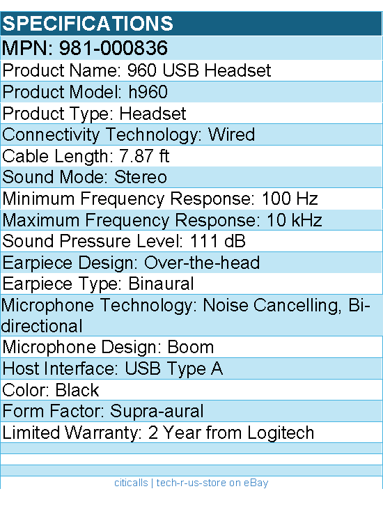Logitech 981-000836 960 USB Computer Headset - Noise Cancelling - Black