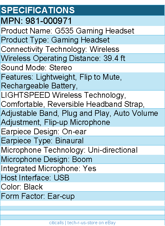Logitech 981-000971 G535 Gaming Headset - Stereo - USB - Wireless