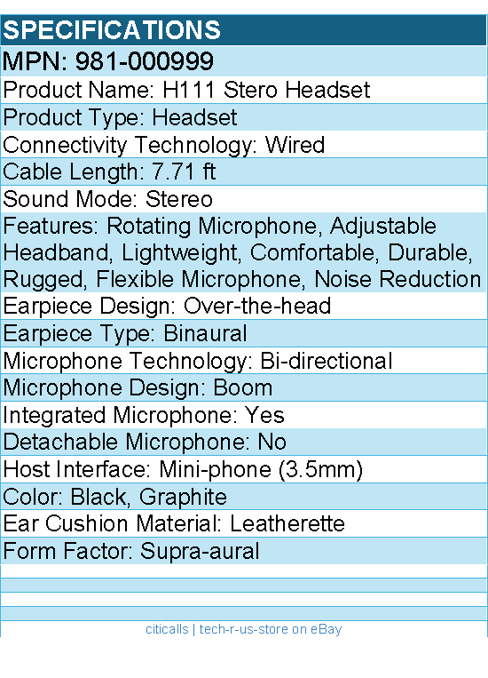 Logitech 981-000999 H111 Stereo Headset with 3.5 mm Audio Jack