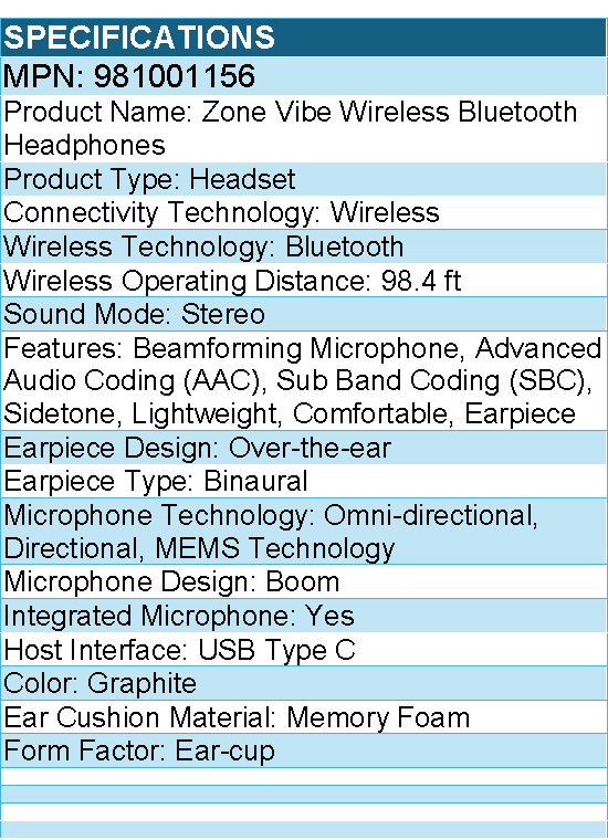Logitech 981001156 Zone Vibe Wireless Bluetooth Headphones with Noise Canceling