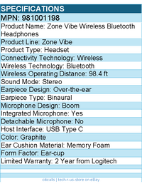 Logitech 981001198 Zone Vibe Wireless Bluetooth Headphones with USB receiver