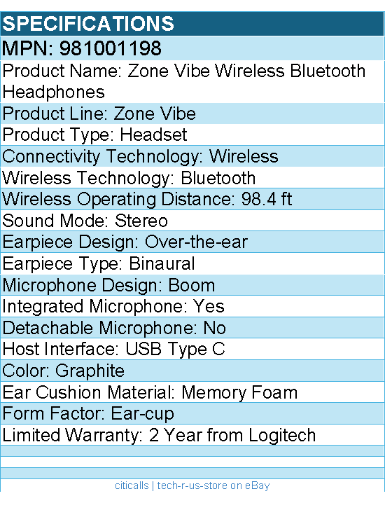 Logitech 981001198 Zone Vibe Wireless Bluetooth Headphones with USB receiver