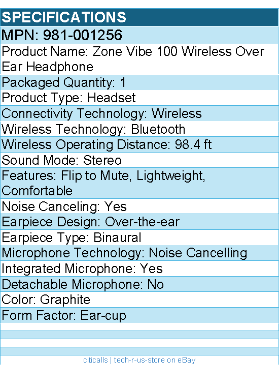 Logitech 981-001256 Zone Vibe 100 Wireless Over Ear Headphones, Noise Canceling