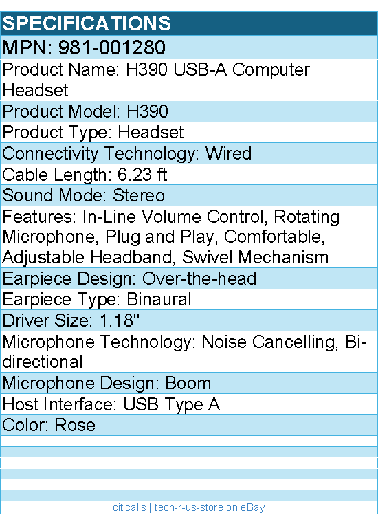 Logitech 981-001280 H390 USB-A Computer Headset, Rose - Stereo -Noise Cancelling