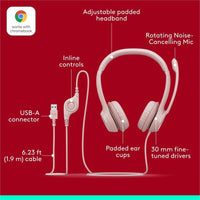 Logitech 981-001280 H390 USB-A Computer Headset, Rose - Stereo -Noise Cancelling