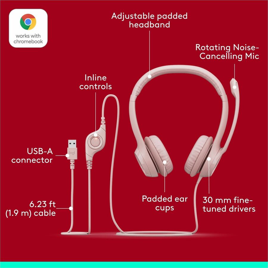 Logitech 981-001280 H390 USB-A Computer Headset, Rose - Stereo -Noise Cancelling