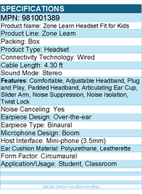 Logitech 981001389 Zone Learn Wired Headset with Microphone - Fit for Kids