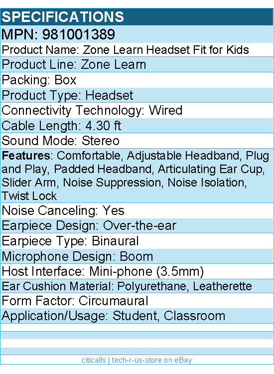 Logitech 981001389 Zone Learn Wired Headset with Microphone - Fit for Kids