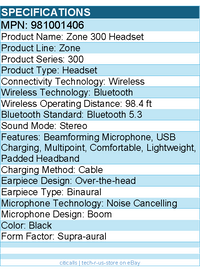 Logitech 981001406 Zone 300 Wireless Bluetooth Headset With Noise-Canceling