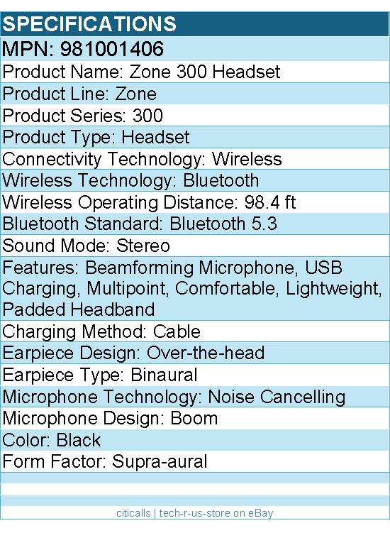 Logitech 981001406 Zone 300 Wireless Bluetooth Headset With Noise-Canceling