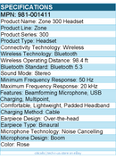 Logitech 981-001411 Zone 300 Wireless Bluetooth Headset W Noise-Canceling