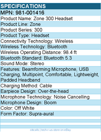 Logitech 981-001416 Zone 300 Wireless Bluetooth Headset With Noise-Canceling