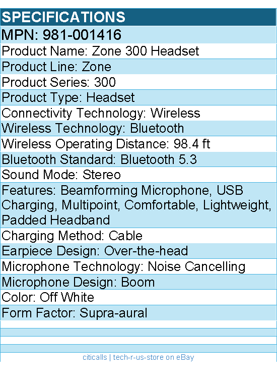 Logitech 981-001416 Zone 300 Wireless Bluetooth Headset With Noise-Canceling