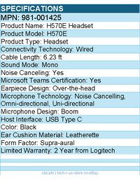 Logitech 981-001425 H570e USB Wired Mono Headset, USB-C, Noise-Canceling Mics