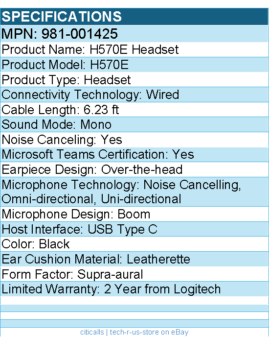 Logitech 981-001425 H570e USB Wired Mono Headset, USB-C, Noise-Canceling Mics