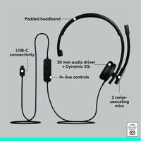 Logitech 981-001425 H570e USB Wired Mono Headset, USB-C, Noise-Canceling Mics
