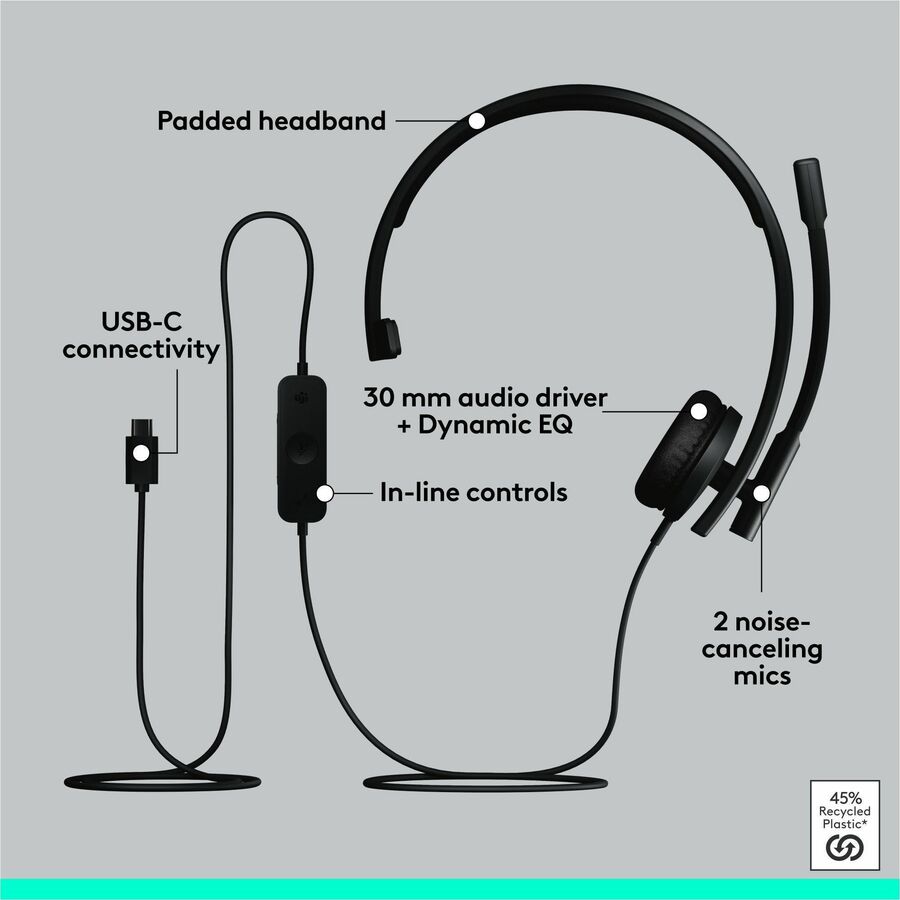 Logitech 981-001425 H570e USB Wired Mono Headset, USB-C, Noise-Canceling Mics