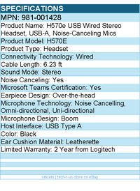 Logitech 981-001428 H570e USB Wired Stereo Headset - Noise-Canceling - Black
