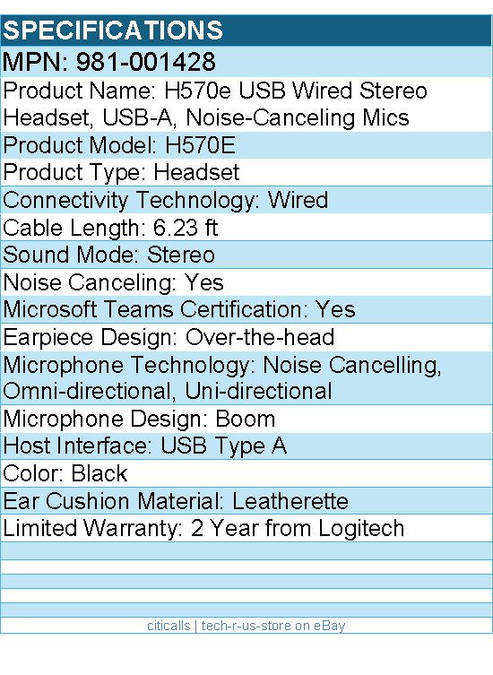 Logitech 981-001428 H570e USB Wired Stereo Headset - Noise-Canceling - Black