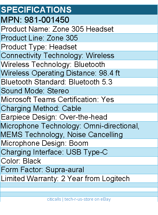 Logitech 981-001450 Zone 305 for Business, Wireless Bluetooth Headset