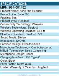 Logitech 981-001452 Zone 305 for Business, Wireless Bluetooth Headset