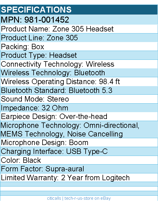 Logitech 981-001452 Zone 305 for Business, Wireless Bluetooth Headset
