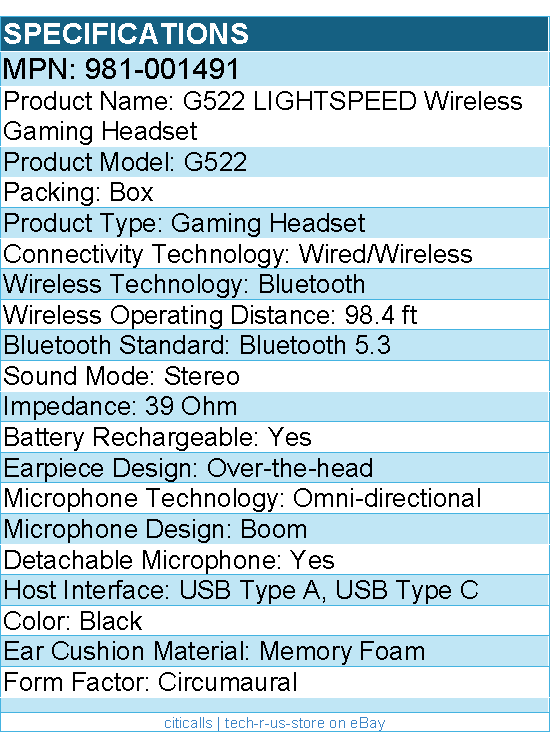 Logitech 981-001491 G522 LIGHTSPEED Wireless Gaming Headset, LIGHTSYNC RGB
