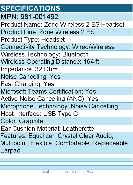 Logitech 981-001492 Zone Wireless 2 ES for Business - Noise Canceling - Headset