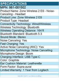 Logitech 981-001502 Zone Wireless 2 ES - Noise Canceling - Headset