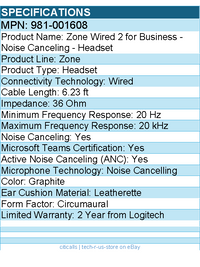 Logitech 981-001608 Zone Wired 2 for Business - Noise Canceling - Headset