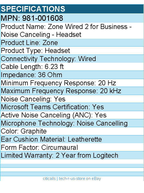Logitech 981-001608 Zone Wired 2 for Business - Noise Canceling - Headset