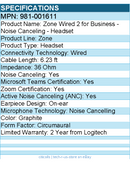 Logitech 981-001611 Zone Wired 2 for Business - Noise Canceling - Headset