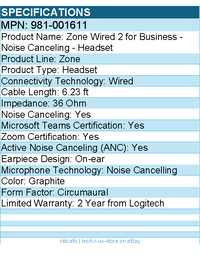 Logitech 981-001611 Zone Wired 2 for Business - Noise Canceling - Headset