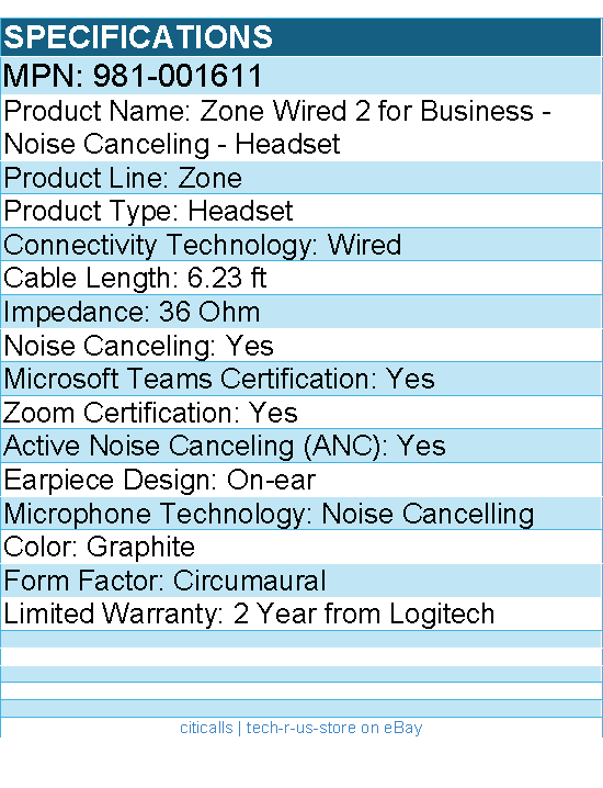 Logitech 981-001611 Zone Wired 2 for Business - Noise Canceling - Headset