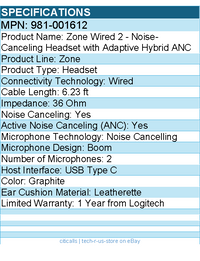 Logitech 981-001612 Zone Wired 2 - Noise-Canceling Headset - Graphite