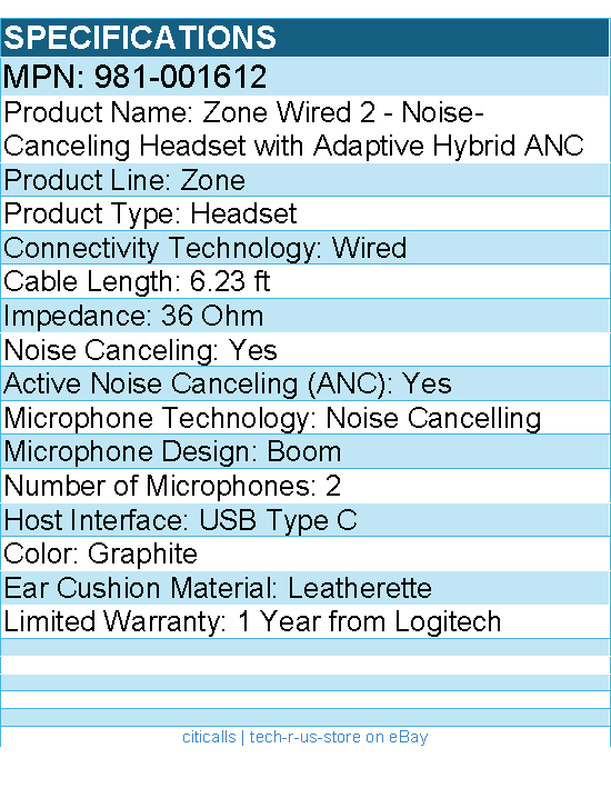 Logitech 981-001612 Zone Wired 2 - Noise-Canceling Headset - Graphite