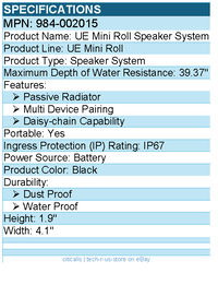 Logitech 984-002015 UE MINIROLL Ultra-Portable Waterproof Bluetooth Speaker