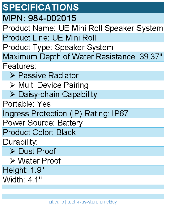 Logitech 984-002015 UE MINIROLL Ultra-Portable Waterproof Bluetooth Speaker