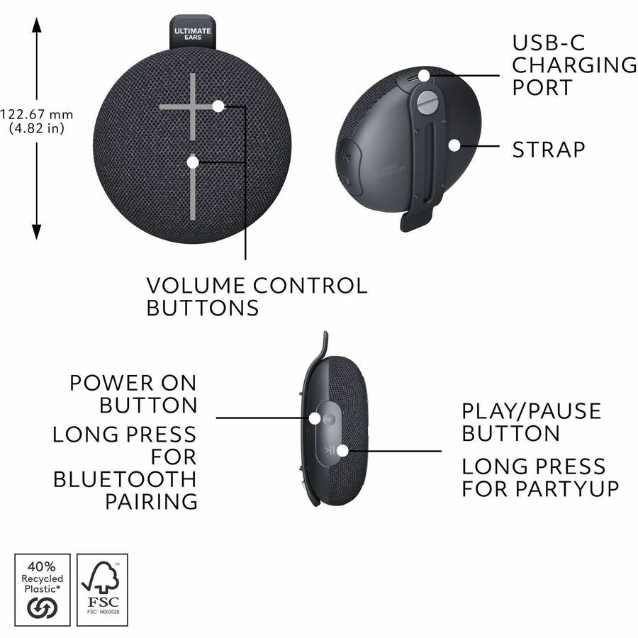 Logitech 984-002015 UE MINIROLL Ultra-Portable Waterproof Bluetooth Speaker