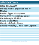 Logitech 989-000405 Expansion mic - Wired - 19.69 ft - Mono - for MeetUp