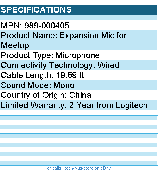 Logitech 989-000405 Expansion mic - Wired - 19.69 ft - Mono - for MeetUp