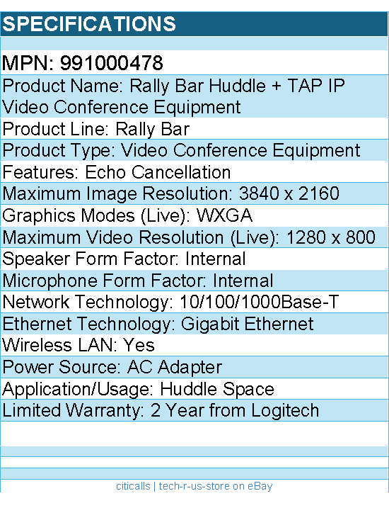 Logitech 991000478 Rally Bar Huddle + TAP IP Video Conference Equipment