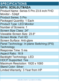 HP 9D9L6UT#ABA 524pf 24" Class Full HD LED Monitor - 16:9 - Black