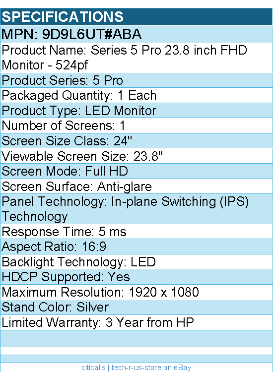 HP 9D9L6UT#ABA 524pf 24" Class Full HD LED Monitor - 16:9 - Black