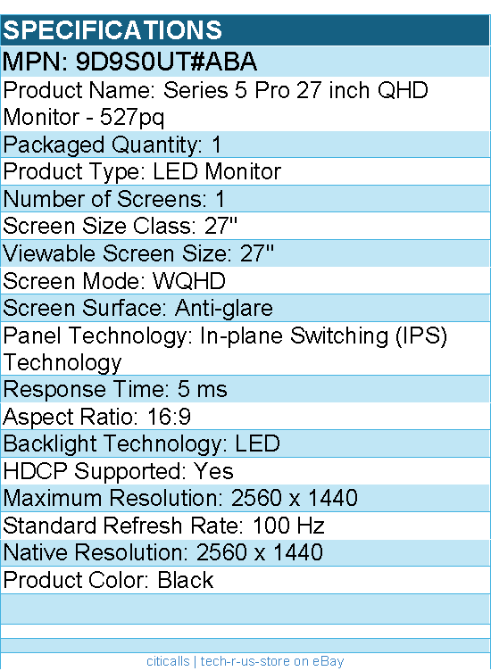 HP 9D9S0UT#ABA 527pq 27" Class WQHD LED Monitor - 16:9 - Black