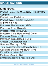 Dell 9DF3K Pro Micro QCM1255 Desktop Computer - AMD Ryzen 5 8500GE - 16 GB