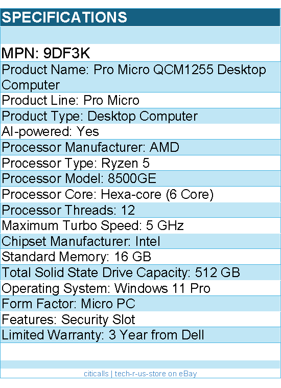 Dell 9DF3K Pro Micro QCM1255 Desktop Computer - AMD Ryzen 5 8500GE - 16 GB